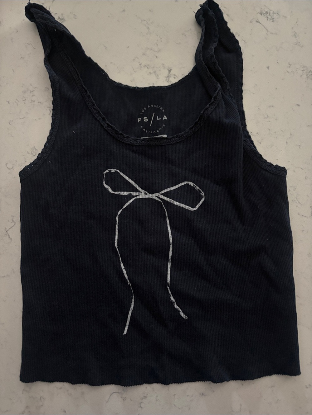 PS / LA navy Ribbed Tank with White Bow Graphic